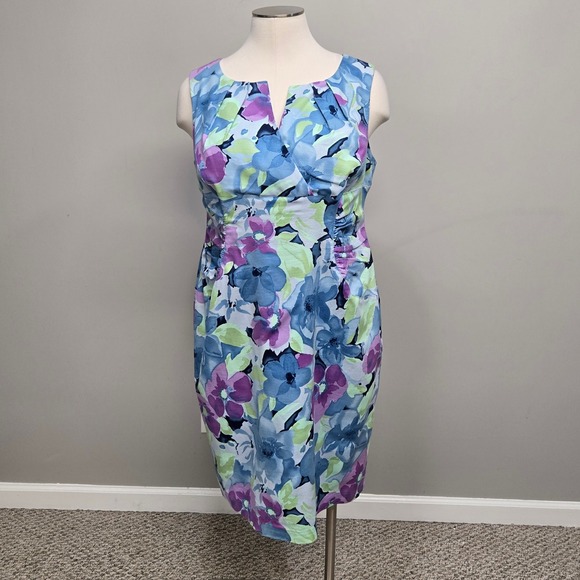 Adrianna Papell Midi Dress Plus Size 22W Blue Floral Faux Wrap Formal Romantic - Picture 1 of 10